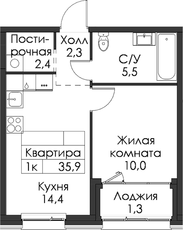1-комнатная квартира 35.9 м², 8/12 эт., ЖК «Шкиперский 19»